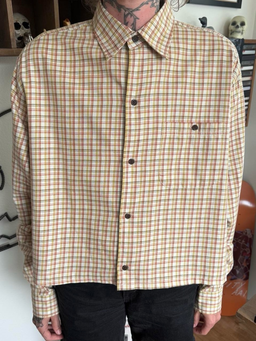 Vintage Y2K Cropped Boxy Plaid LS Button Down Shirt ~ Size Small